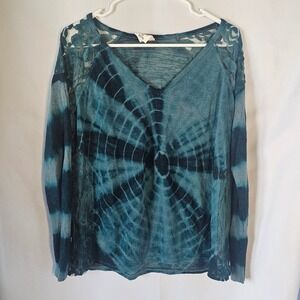 Tokyo Darling Teal Blue Tie Dye Lace Yoke V Neck Long Sleeve Top Shirt Women's S